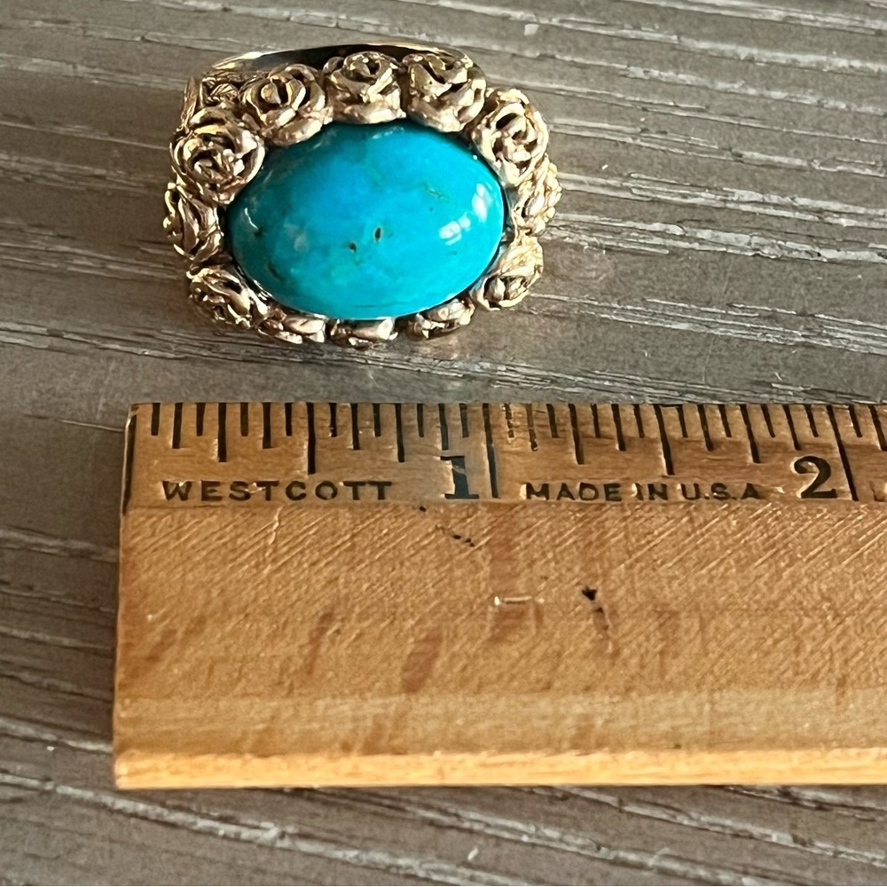 Vintage Gold Over Sterling Silver Turquoise Rose and Stem Floral Ring Size 6.5 - Picture 7 of 7